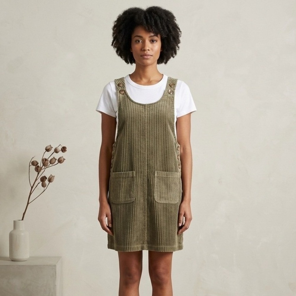 Vtg MSAS‎ Corduroy Overall Dress Womens Size L Green Rayon Front Pockets 90s Y2K